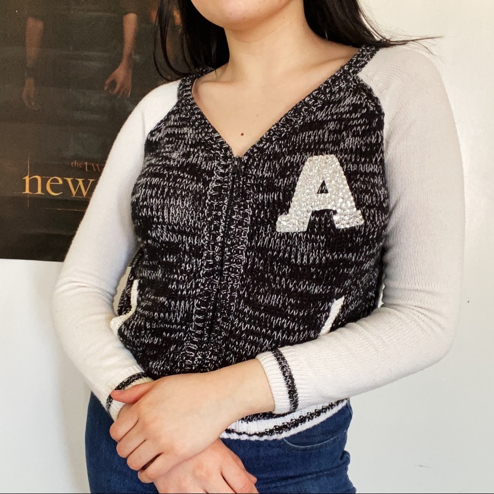 Knit Letterman A Bedazzled Zip Up Jersey Sweater